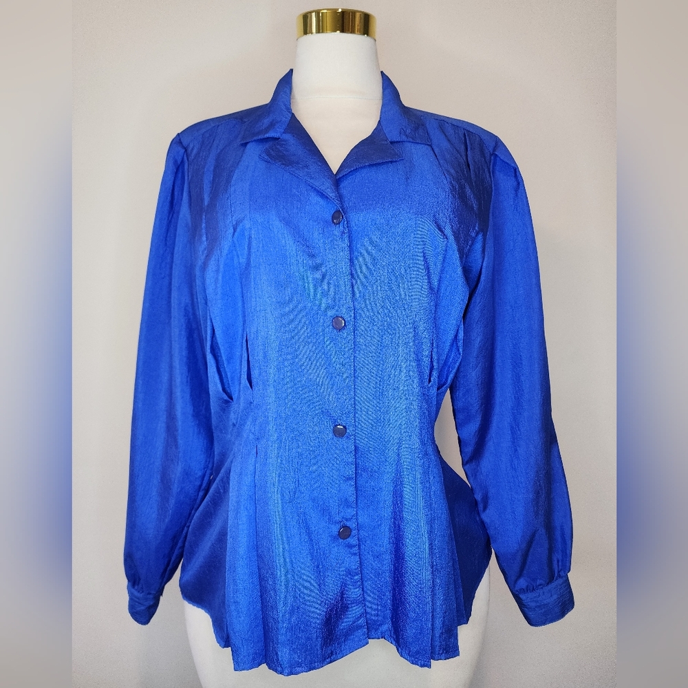 Vintage Joan Harper Blue Collared Long Sleeved Button-Up Blouse